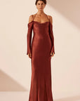 Lino Off Shoulder Tie Maxi Dress - Mahogany