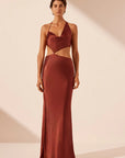 Lino Asymmetrical Cowl Tie Maxi Dress - Mahogany