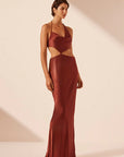 Lino Asymmetrical Cowl Tie Maxi Dress - Mahogany