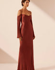 Lino Off Shoulder Tie Maxi Dress - Mahogany