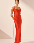 Milenna Silk Cowl Neck Lace Up Maxi Dress - Chilli Red