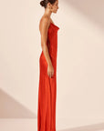 Milenna Silk Cowl Neck Lace Up Maxi Dress - Chilli Red