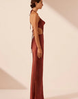 Lino Asymmetrical Cowl Tie Maxi Dress - Mahogany