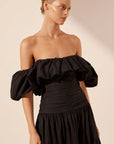 Maiori Off Shoulder Ruched Bodice Maxi Dress - Black