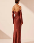 Lino Off Shoulder Tie Maxi Dress - Mahogany