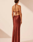 Lino Asymmetrical Cowl Tie Maxi Dress - Mahogany