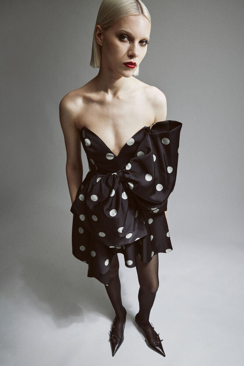 Brydie Bow Mini Dress in Black Spot