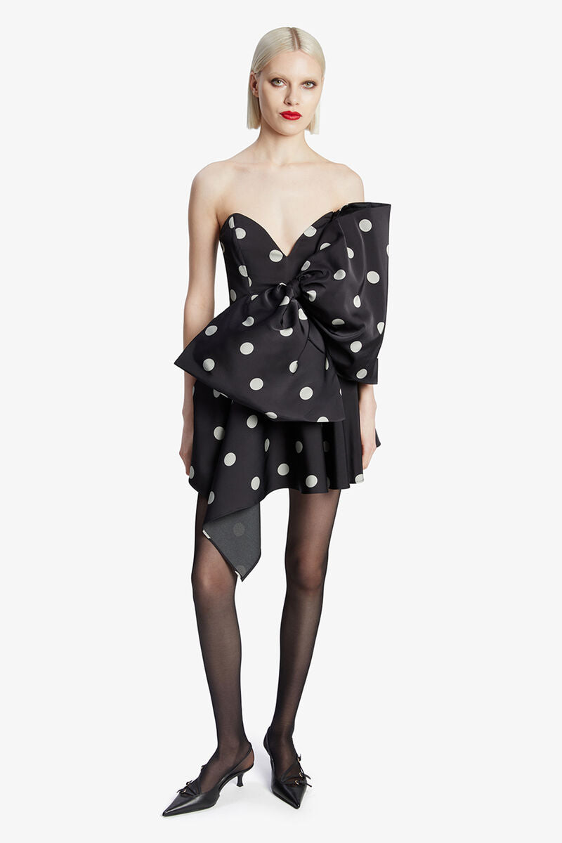 Brydie Bow Mini Dress in Black Spot