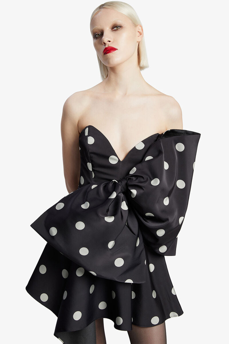 Brydie Bow Mini Dress in Black Spot