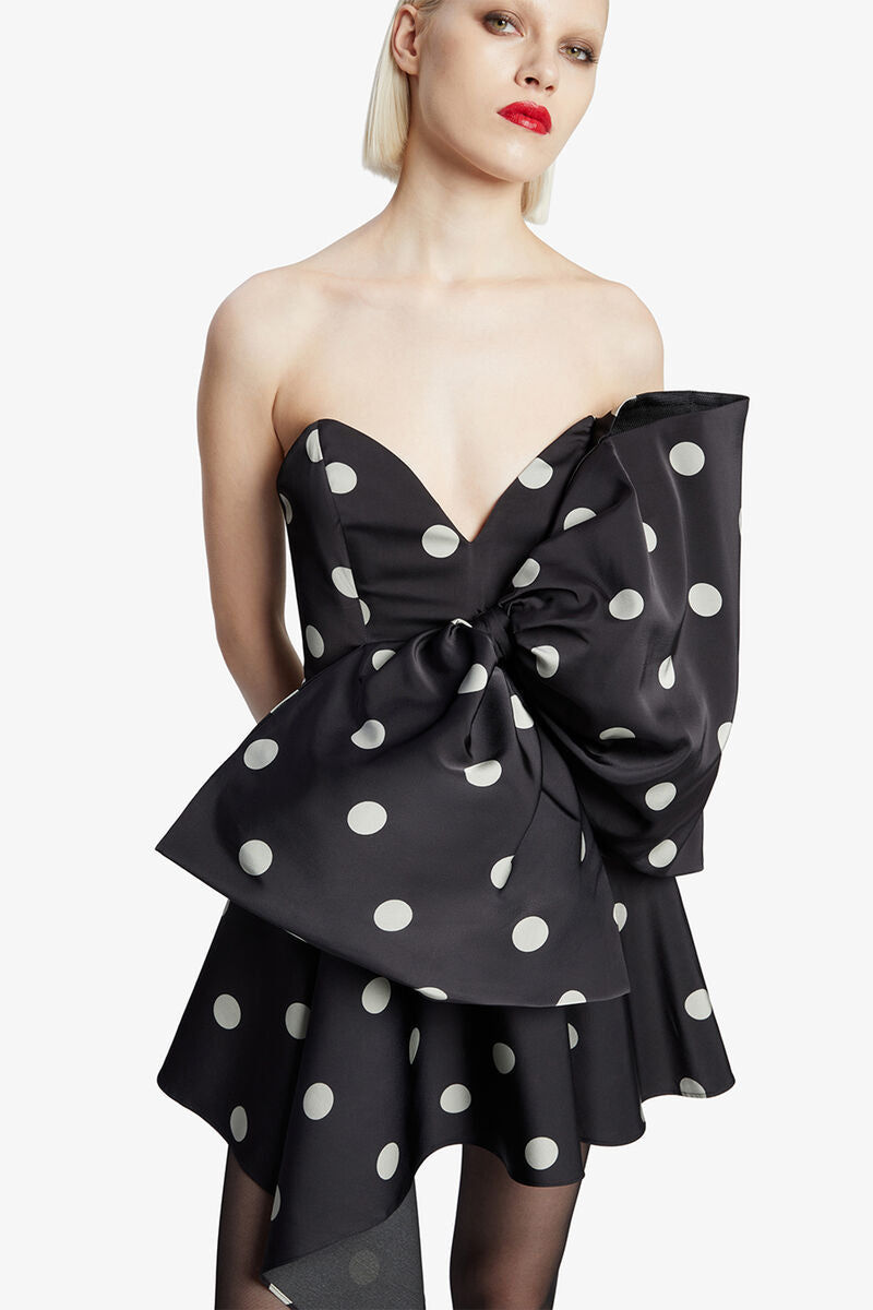 Brydie Bow Mini Dress in Black Spot