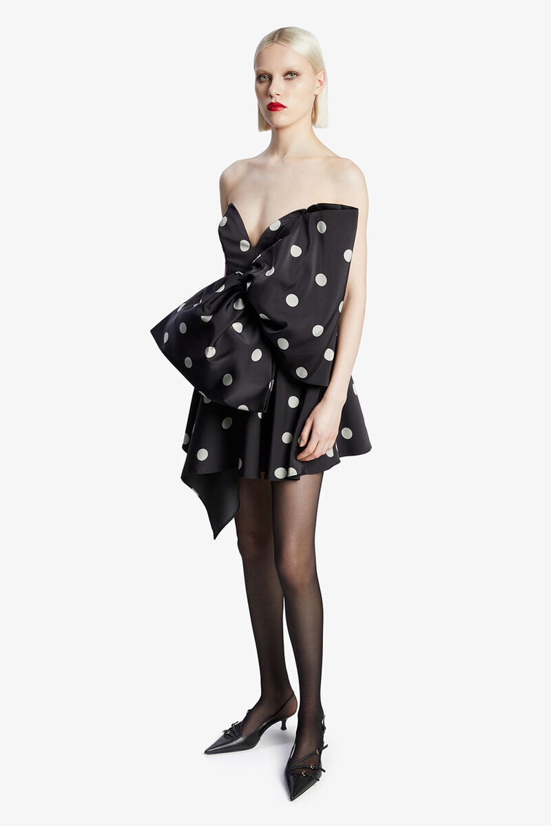 Brydie Bow Mini Dress in Black Spot