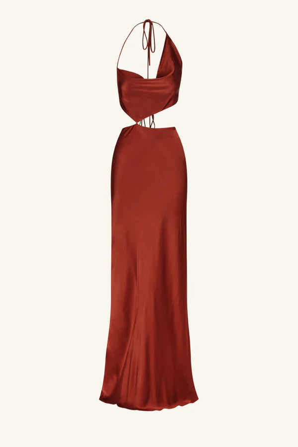 Lino Asymmetrical Cowl Tie Maxi Dress - Mahogany