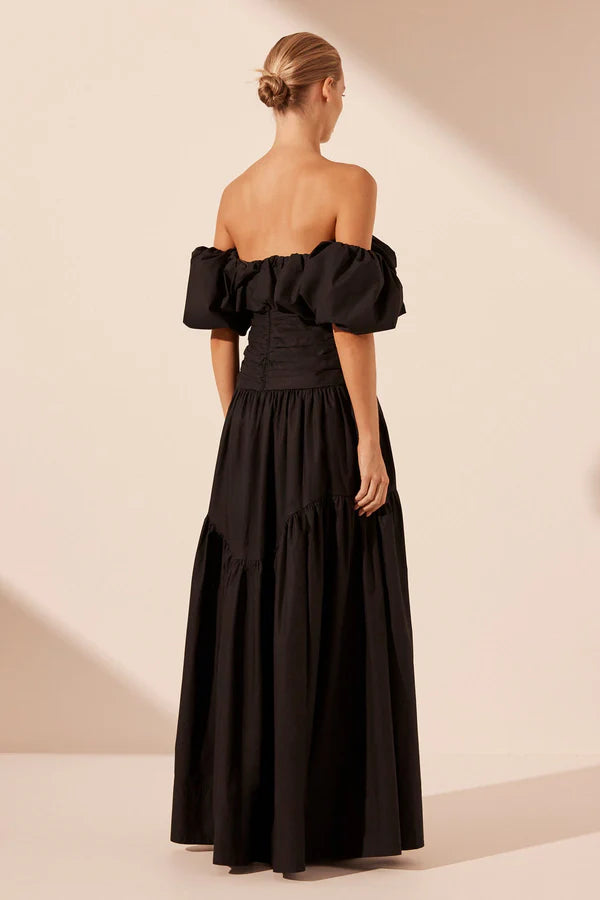 Maiori Off Shoulder Ruched Bodice Maxi Dress - Black