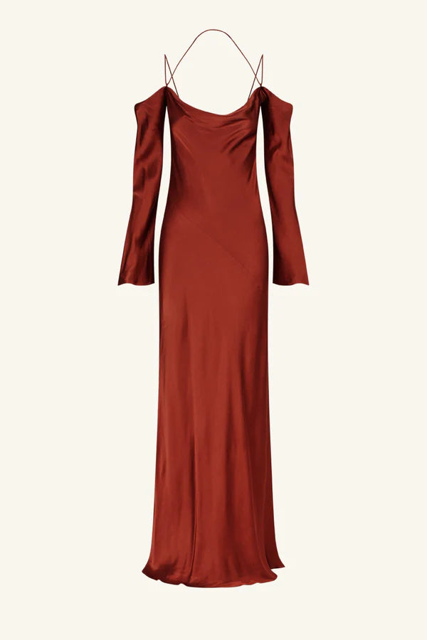 Lino Off Shoulder Tie Maxi Dress - Mahogany