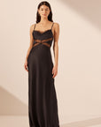 Leticia Silk Cowl Neck Lace Maxi Dress - Black