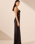 Leticia Silk Cowl Neck Lace Maxi Dress - Black