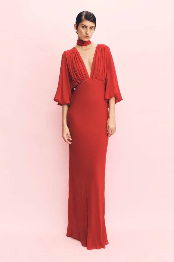 Amina Plunge Balloon Sleeve Maxi Dress - Chilli