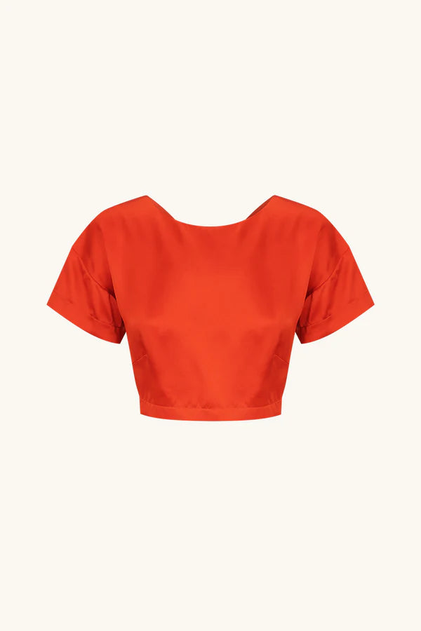 Milenna Silk Open Back Drawstring Crop Top - Chilli Red