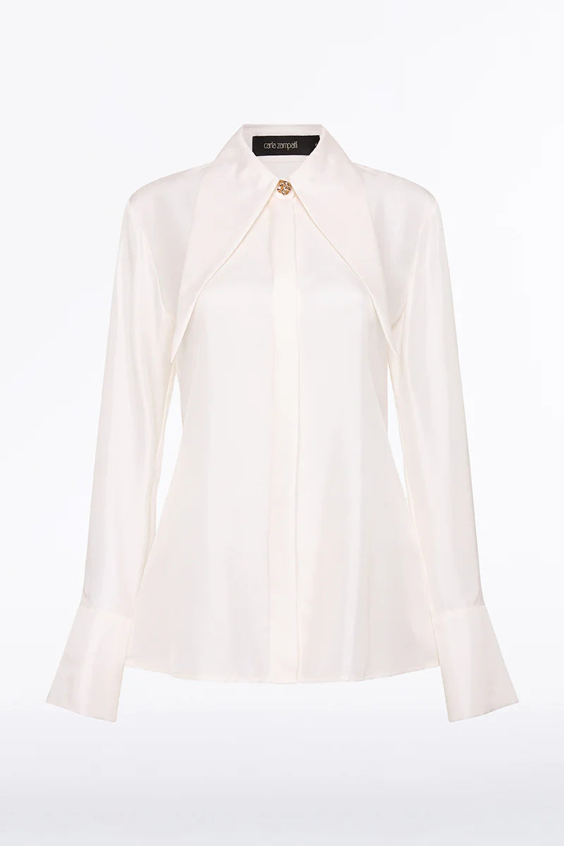 White Silk Twill Long Collar Shirt