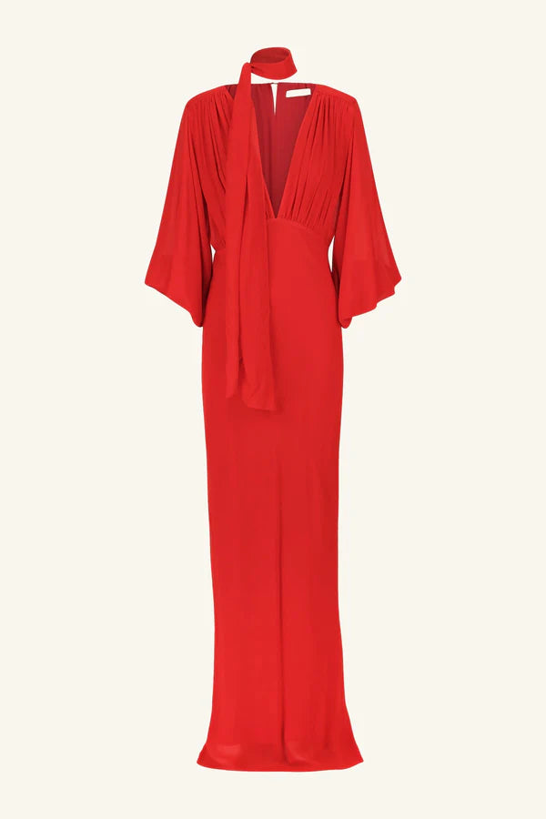 Amina Plunge Balloon Sleeve Maxi Dress - Chilli